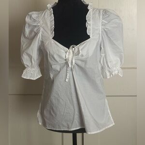 Nation Ltd Ladies White Cotton Top Short Ruched Sleeves Tie Front Side Slits S